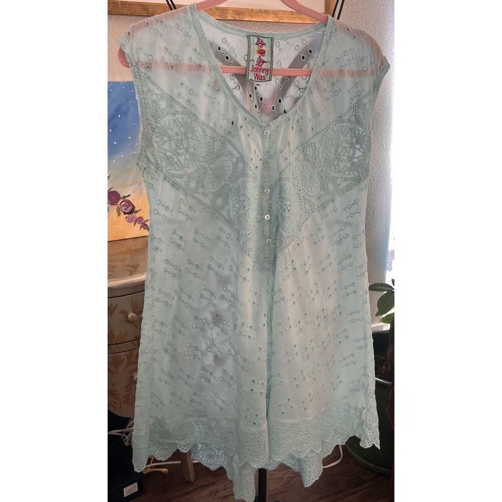 Johnny Was Pale Blue Eyelet Pretty Mini Dress Or Tunic Size M